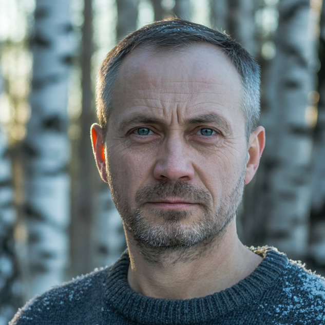 a photograph of a middle aged russian man with piercing blue eyes and short, neatly trimmed grey hair