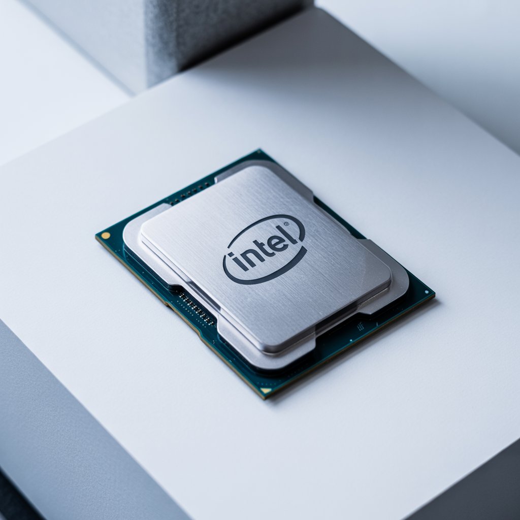 a photograph of a modern intel cpu resting on a pristine white surface