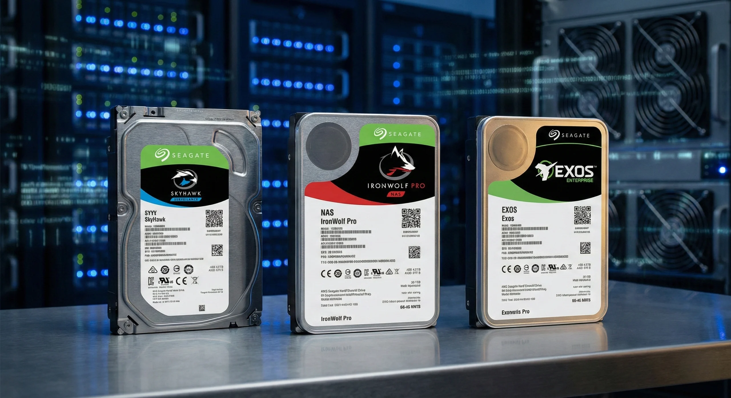 Side-by-side comparison of Seagate SkyHawk surveillance HDD, IronWolf Pro NAS drive, and Exos enterprise storage for NVR and data center applications.