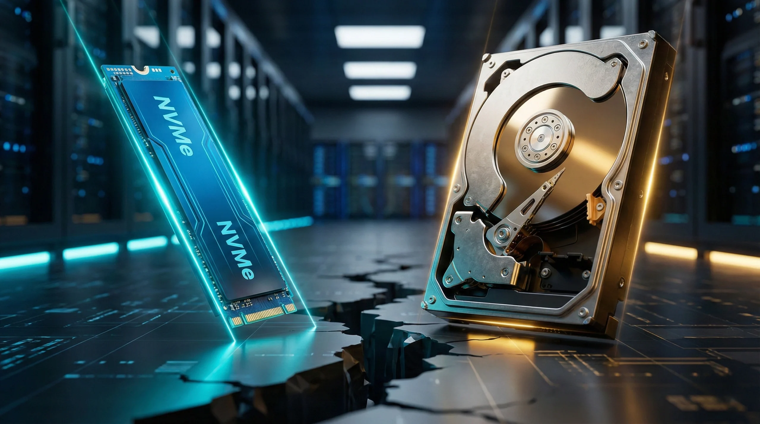 Conceptual illustration comparing Enterprise NVMe SSD vs HDD in a data center, symbolizing the widening price gap in the 2026 storage market.