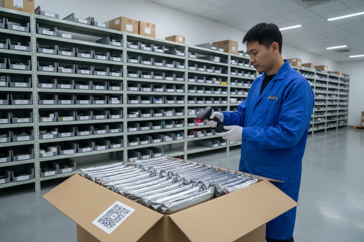 Worker handling anti-static boxes of IPQ8074A hardware at a reliable manufacturing facility (ID#2)