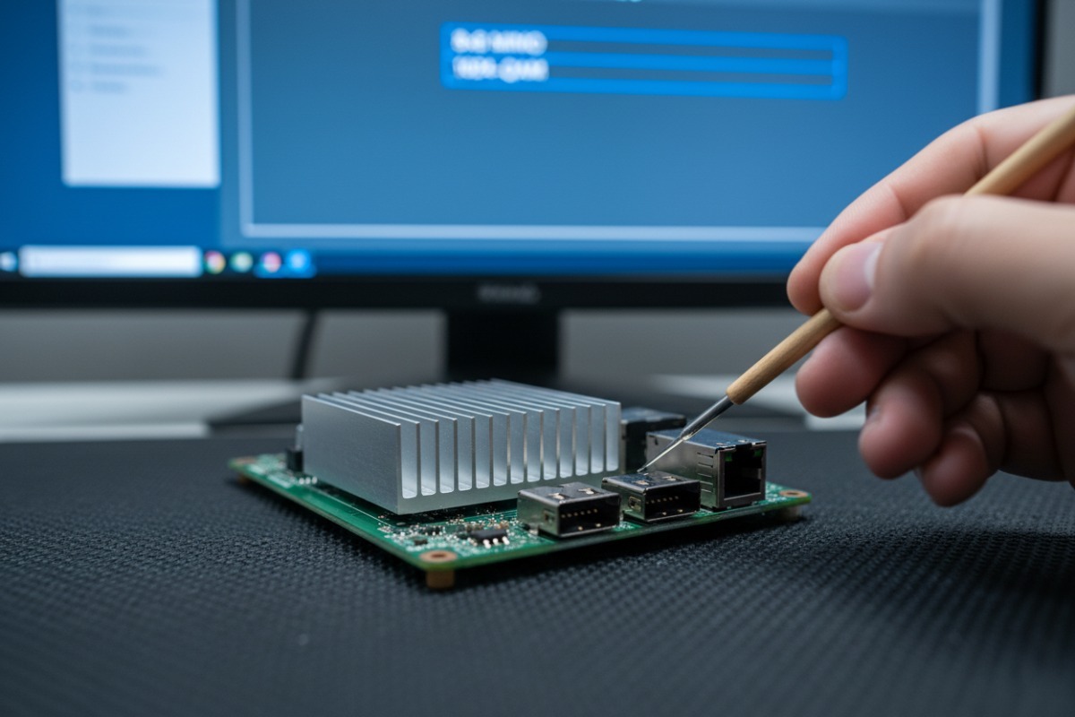 Macro view of IPQ8074A embedded board showing 10GbE ports and technical hardware components (ID#3)
