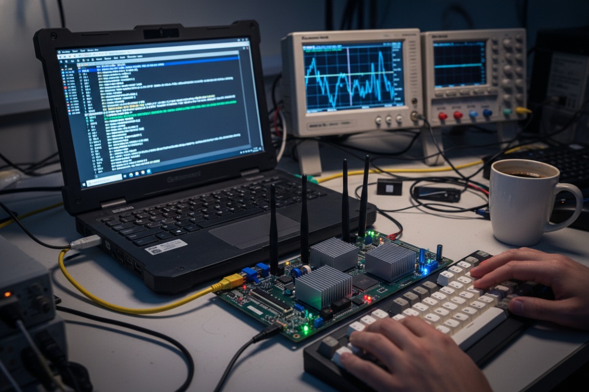Engineer testing IPQ8074A access point software compatibility with OpenWrt and Qualcomm SDK (ID#5)