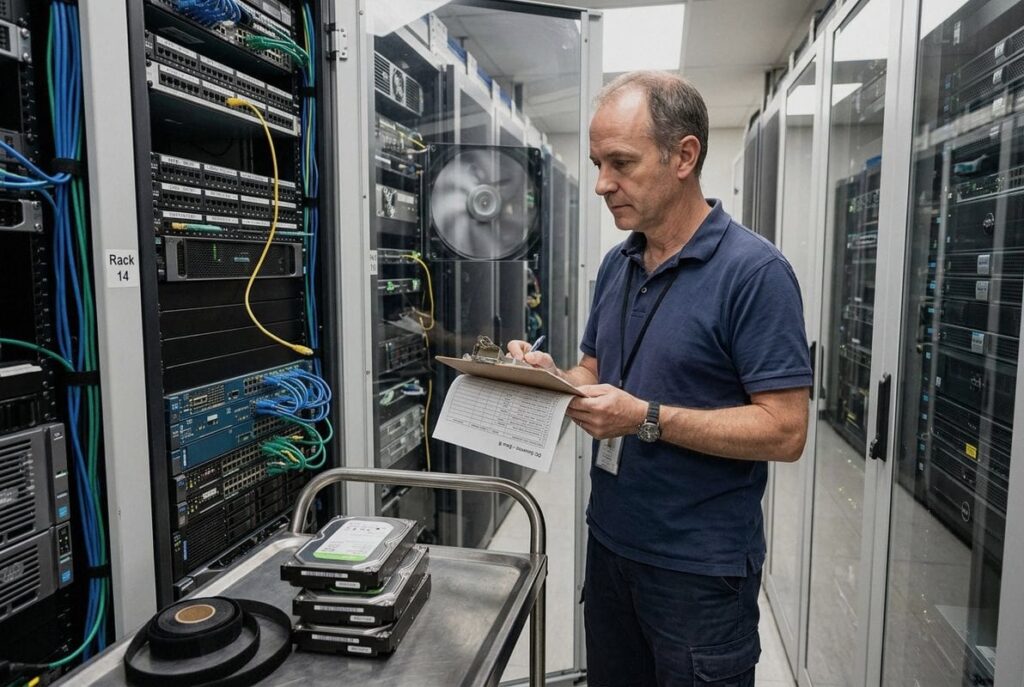 Data center engineer inspecting enterprise HDD storage for AI infrastructure sourcing